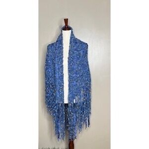 Blue Gold Metallic Ribbon Fringe Knit Shawl Triangle Wrap Scarf Boho